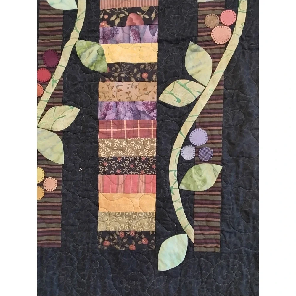 Handmade Artisan Floral‎ Vine Quilt Black Multi Color Applique 82x48 2017 Signed
